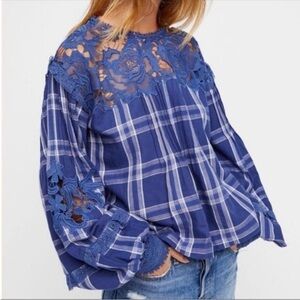Free People Darling Diana Lace Blue Plaid Blouse